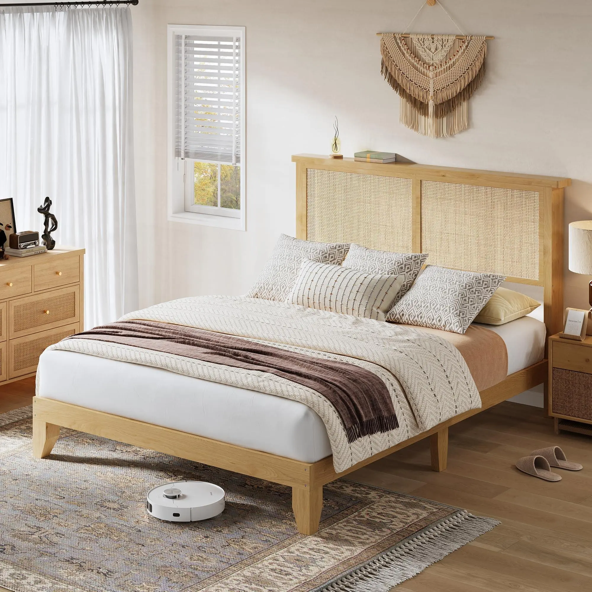 King Size Rattan Bed Frame with LED Lights, Bohemian Platform Bed Frame King with Natural Grass Rattan Headboard, Wooden Legs, No Box Spring Needed, Easy Assembly