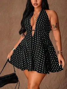 Spring Summer New Plus Size Women's Fashion Casual Polka Dot Strapless Sexy A-Line Mini Dress, Holiday Wear, Beachwear Ly6002