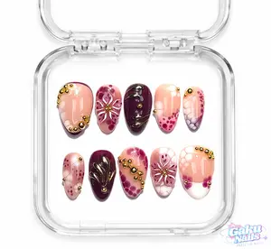 GakuNails BERRY GLAZE 10 PCS Short Almond Handmade Press On 3D Gel Builder Gel Floral Plum Spring Summer Vacation vibe