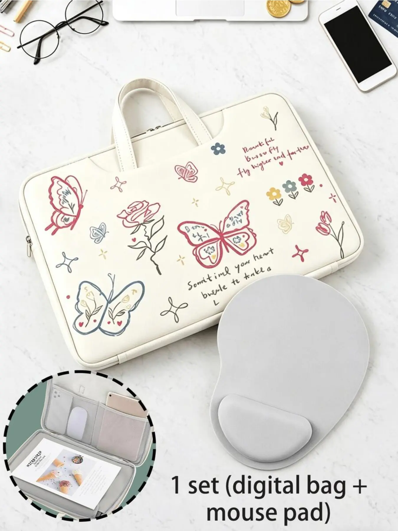 Butterfly and Floral Print Laptop Bag Set with Mouse Pad, Waterproof and Shockproof Portable Laptop Sleeve Handbag Suitable for 14-15 Inch