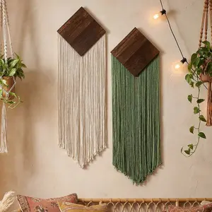 Bohemian Wooden Diamond Fringe Tapestry, Boho Wall Tapestry, Nordic Style Living Room Hallway Wall Decor Hanging Ornament