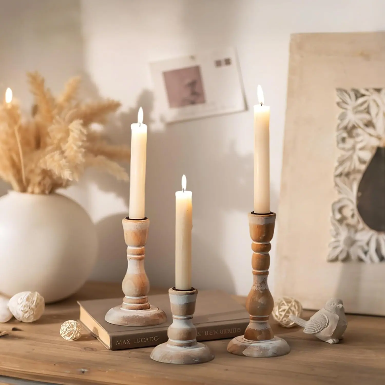 Rustic Candlestick Holder Decor: Farmhouse Wooden Candle Holders | Washed-White Finish, Vintage Taper Candle Holder for Fall Mantel, Dining Table Centerpiece, Christmas, Thanksgiving, Set of 3