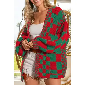 Colorblock Checked Open Front Knitted Cardigan