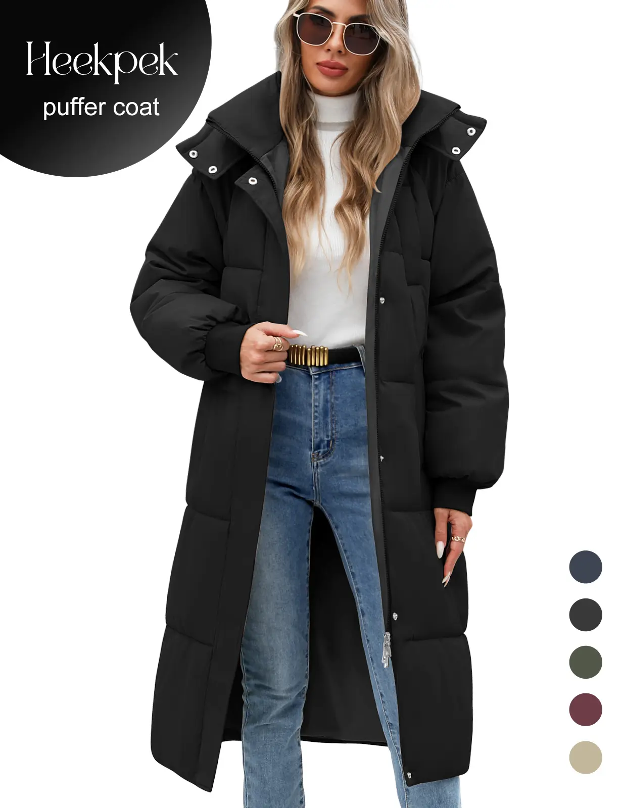 【Off-Season Clearance】HEEKPEK Women's Long Quilted Hooded Winter Padded Coat - Black Solid Minimalist Outerwear, Long Sleeves, Zip-Up Closure, Practical Pockets, Casual Fitted Design, for Outdoor Use