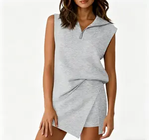 Womens 2 Piece Skirt Sets Summer Sleeveless Half Zip Sweatshirt Athletic Skorts Tennis Outfits Casual Sweatsuits