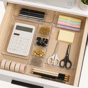 25PCS Clear Drawer Organizers Set 4 Size Makeup Storage Bins Kitchen Bathroom Desk Organizer