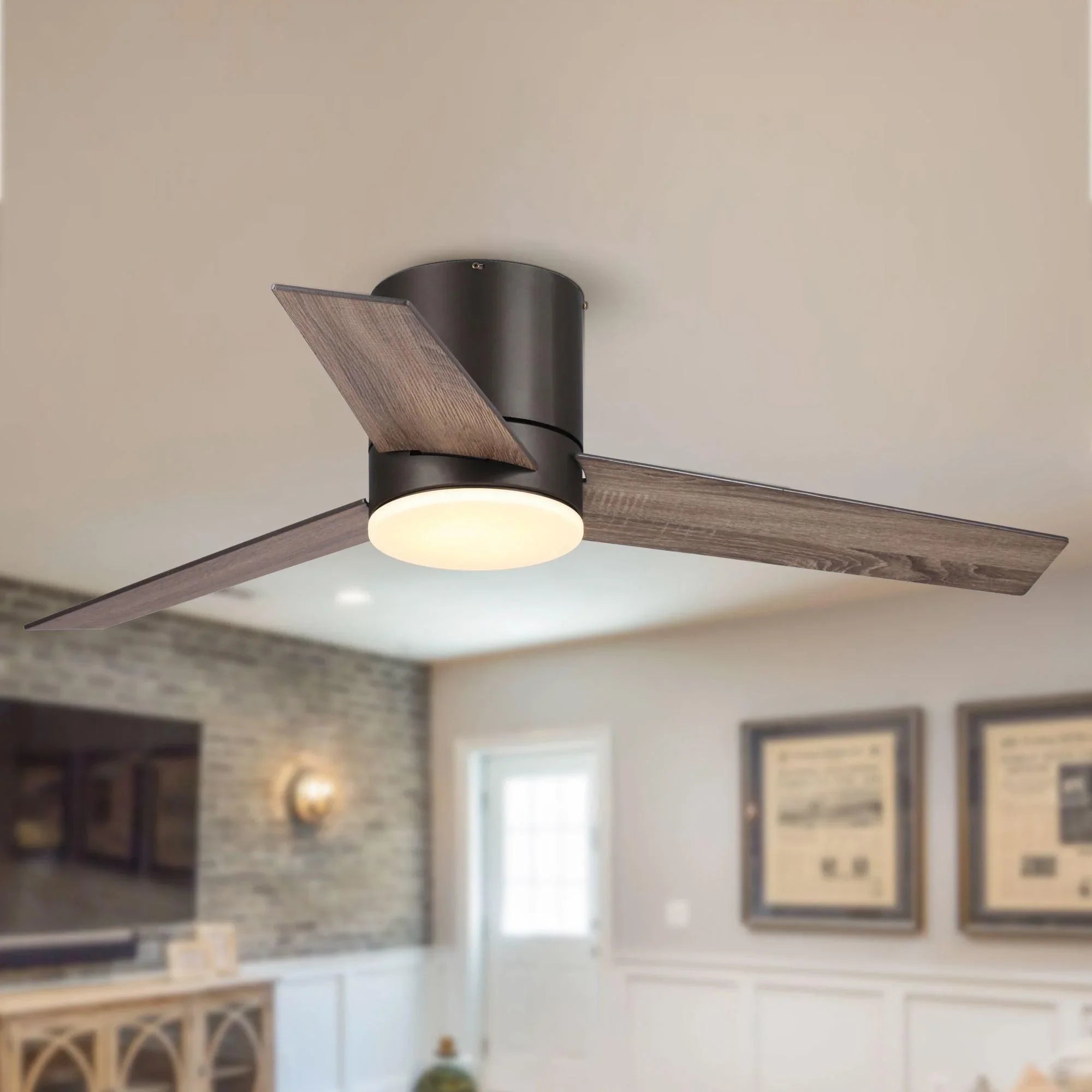 48" Kielah Farmhouse Flush Mount Ceiling Fan, Reversible Blades with LED Light & Remote Control