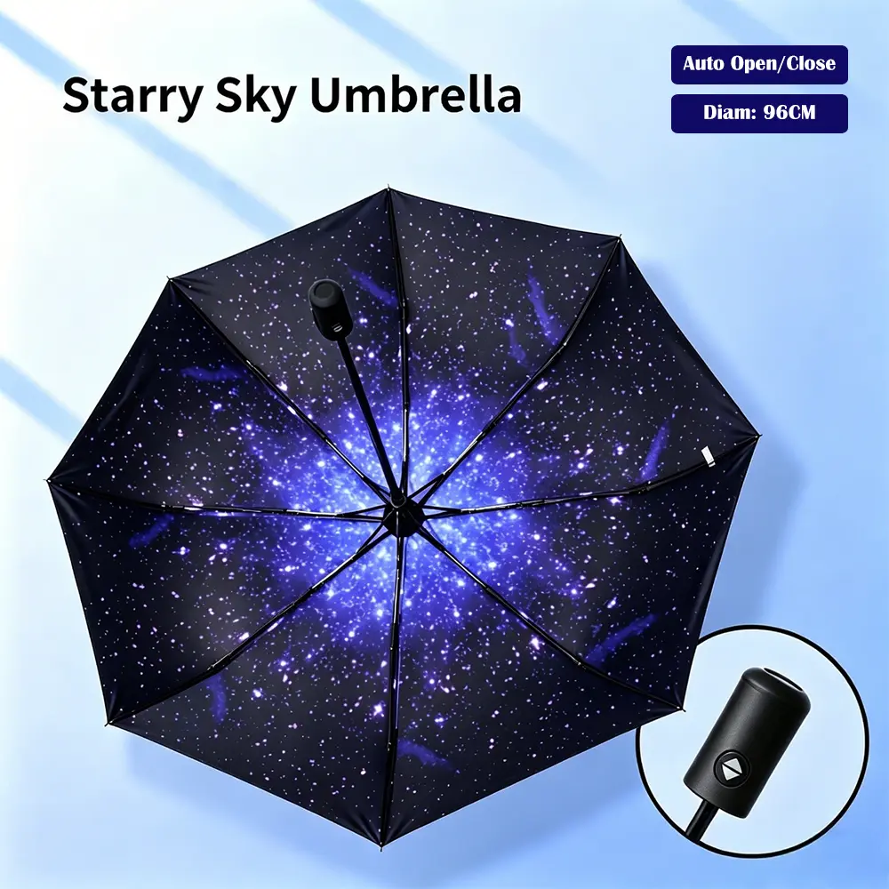 1-Touch Automatic 3-Fold Steel Umbrella, Available: Starry Sky, Starry Dots & Blue Sky White Cloud, Windproof Waterproof UV50+ Sun Protection, Auto Open Close Portable Foldable Umbrella for Car Travel Outdoor Daily Use