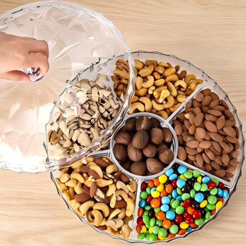 Snack Serving Tray, 12" Appetizer Tray with Lid, 6 Compartments Round Plastic Food Storage Organizer for Dried Fruits, Nuts, Candies, Cookies and Fruits (Clear) Snack Serving Tray, 12" Appetizer Tray with Lid, 6 Compartments Round Plastic Food Storage Organizer for Dried Fruits, Nuts, Candies, Cookies and Fruits (Clear)
