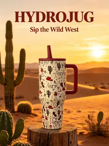 HydroJug 40oz Stainless Steel Insulated Straw Cup, Reusable Sports Bottle, Hydration Water Bottle, Stylish Drinkware With Cactus Pattern