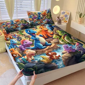 3D Cartoon Dinosaur Park Fitted Sheet Set and 2 Pillowcases, Vibrant Colors, Chibi T-Rex Triceratops Brachiosaurus and Pterodactyl Images, Soft Non-Slip Wrinkle Resistant, Fantasy Bedroom Decor Gift