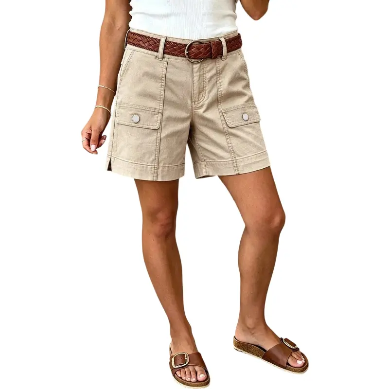 Flamingals Split Stitch Detail Mid Waist Mid Thigh Shorts Without Belt Womenswear Stretchy 5.5" Inseam