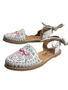 Women's Pink "Moño" (Bow) with Flowers Wrap Around Heel Huarache Footwear Shoe