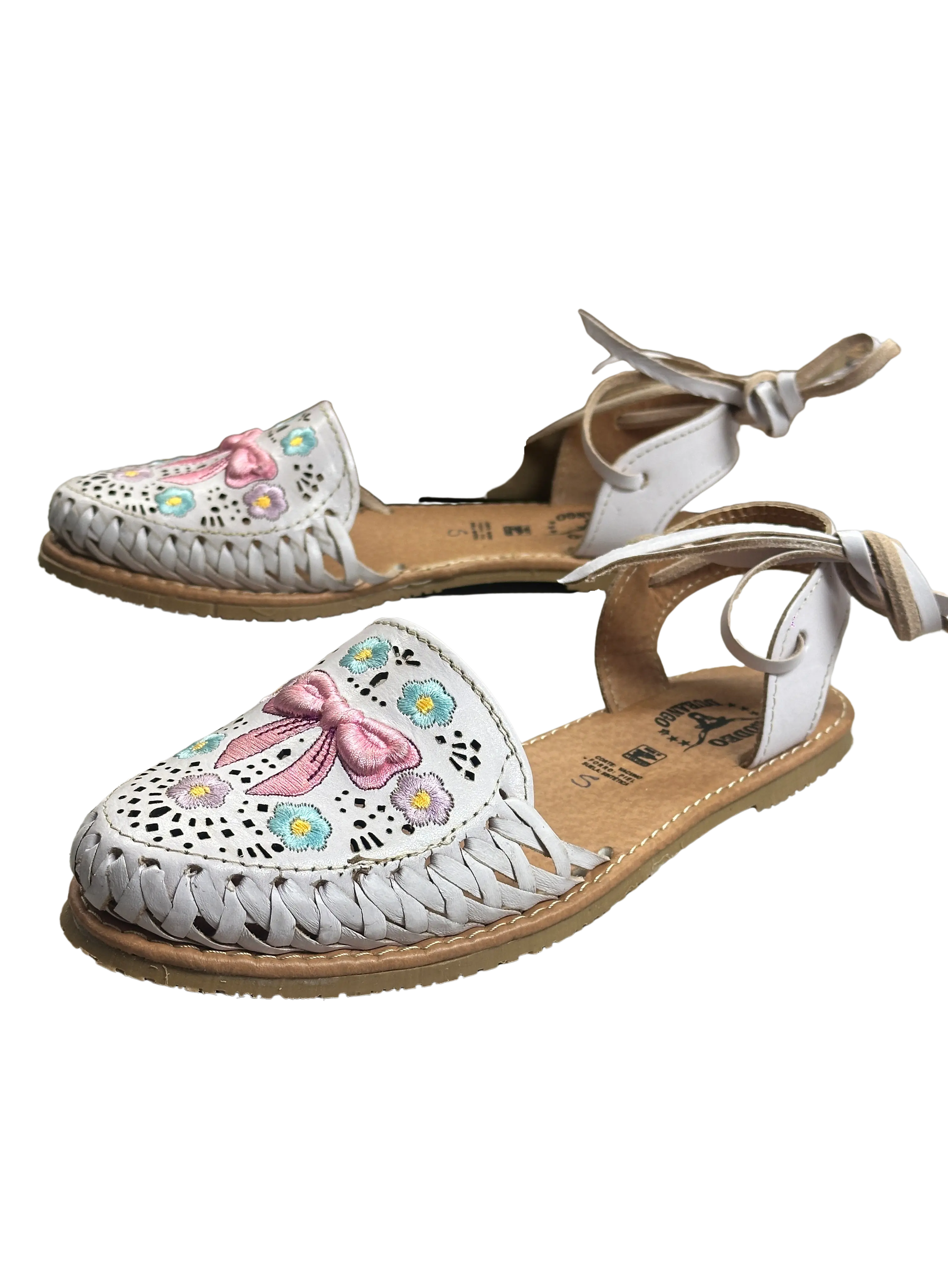 Women's Pink "Moño" (Bow) with Flowers Wrap Around Heel Huarache Footwear Shoe