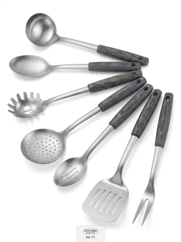 Kitchen Maestro 7pc Stainless Steel Kitchen Utensil Bundle Set - Pakkawood Handles, Spatulas & Turners, Pasta Utensils (KM-171), Bundle Set Spatulas & Turners