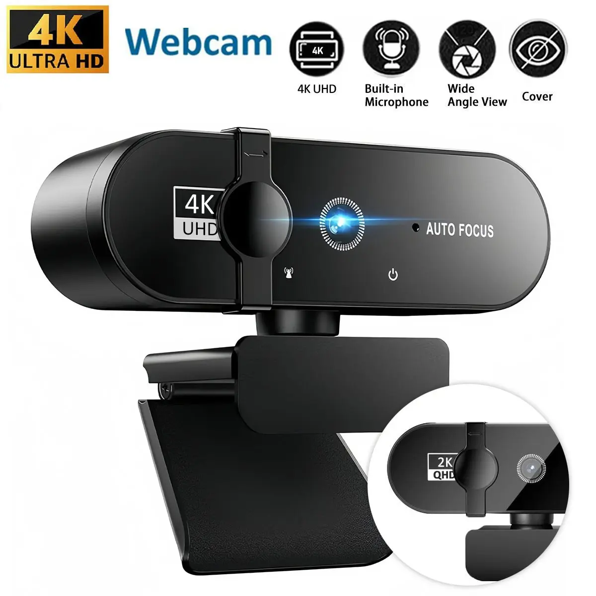 4K UHD Webcam with Microphone & Privacy Cover - Auto Focus, Wide Angle Lens, 2K QHD/1080P HD Autofocus Streaming Camera for Gaming, Zoom Meetings, YouTube, Home Office - Plug & Play USB, HDR, Low Light Correction, Adjustable