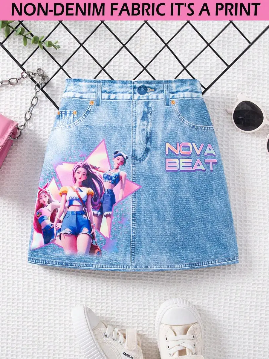 Young Girl' Cute Cartoon Unicorn Denim Effect Casual Skirt