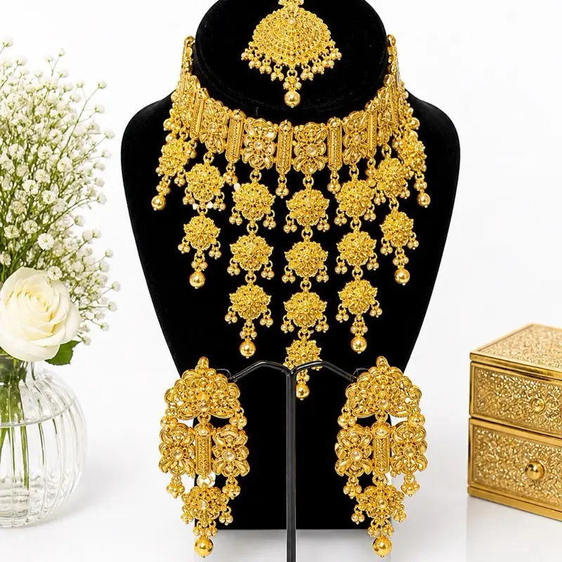 Gold Look Waterfall Necklace Slightly Heavy Glamorous Jewelry Set for Special Occasions