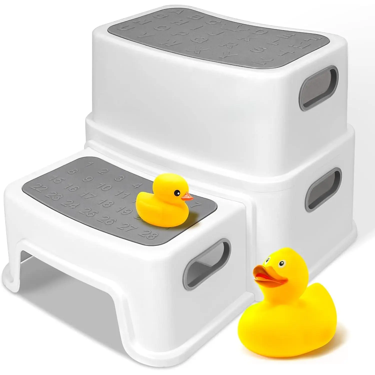 Toddler Step Stool  Bathroom Sink, 2 Step Stool  Kids Toilet Potty Training, Non-Slip Toddlers Baby Child Kid Plastic Poop Stools with Handle  Kitchen Counter Bed (White-Grey)