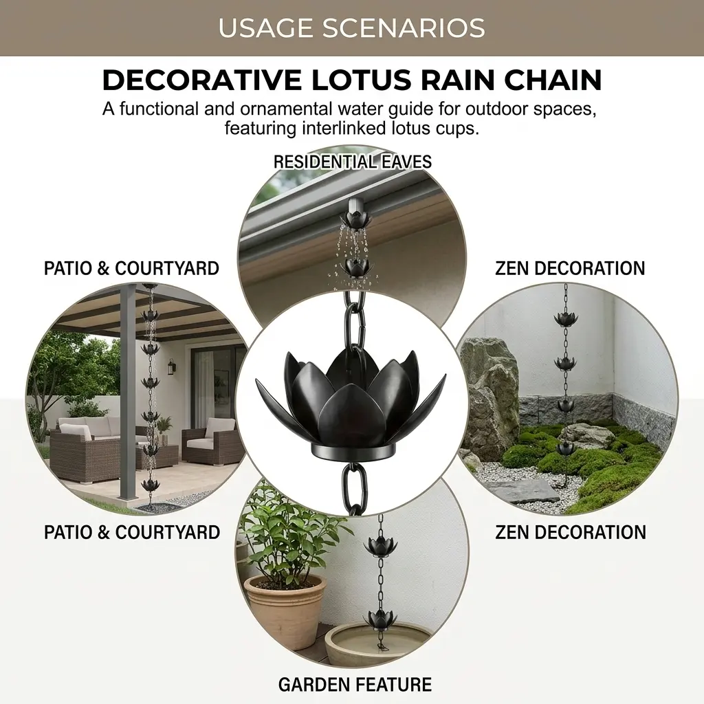 Metal Retro Lotus Rain Chain for Yard Drainage Decoration 125cm Rust-proof Alloy Waterproof Outdoor Use Classic Design Easy Installation Vintage Style Efficient Drainage
