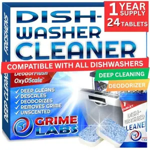GRIME LABS Dishwasher Cleaner Deodorizer Descaler Tablets, 24 pack Heavy Duty Deep Clean and Natural Limescale Remover, Dish Washer Cleaner Machine Pods, 12 Months Supply