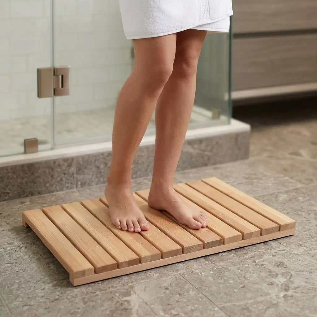 Cedar Wood Shower Mat - Non-Slip Slatted Wooden Bath Mat with Rubber Feet, 24" x 16" Floor Pad for Bathroom, Bathtub, Spa, Sauna & Garden, Indoor/Outdoor Use