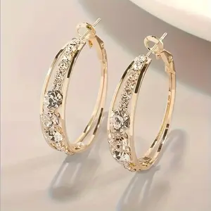 Sparkling Rhinestone Hoop Earrings Elegant Simple Design For Women Stainless Steel Posts Zinc Alloy Round Jewelry For Gifting And Dress Matching