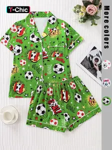 Women's Two-Piece Set, Elegant Short Sleeve Button-Down Top & Comfort Elastic Shorts, Casual All Season Wear, Loose Fit Design