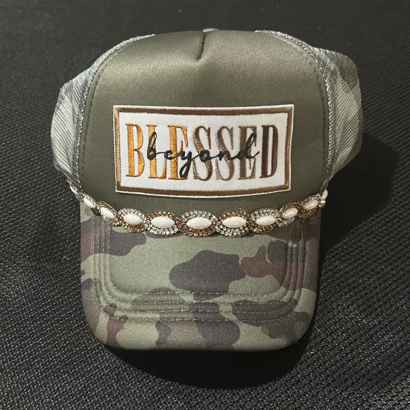 Blessed Camouflage Trucker Hat with Embroidered "Blessed" Text and Beaded Detail