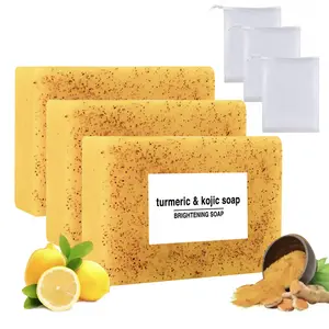 Lemon KojicAcidTurmeri Soap, Natural Organic Turmeric Face and Body Wash Soap Bar, Even Out Skin Tone, Lemon Turmeric Glowing Skin Care Soap,with Soap Saver Bags