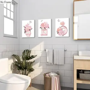 3pcs Floral Perfume Bottle Wall Art Set, Unframed Art Print, Soft Watercolor Rose & Butterfly Silhouette Decor, Home Bathroom Bedroom Decoration, Hanging Wall Art