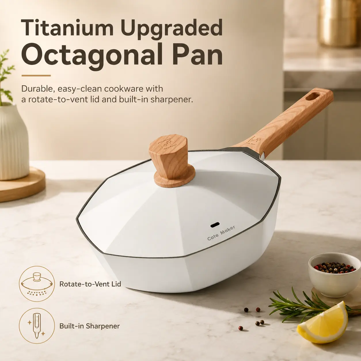 Cate Maker Tide Play OctaPan 24cm Titanium Nonstick Pan with Rotate-to-Vent Lid