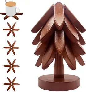 Natural Tree Wooden Trivet Set - 4 Trivets & 1 Stand, Heat-Resistant Foldable, Durable Solid Wood - Ideal for Hot Dishes, Pots - Kitchenware Tableware Coasters