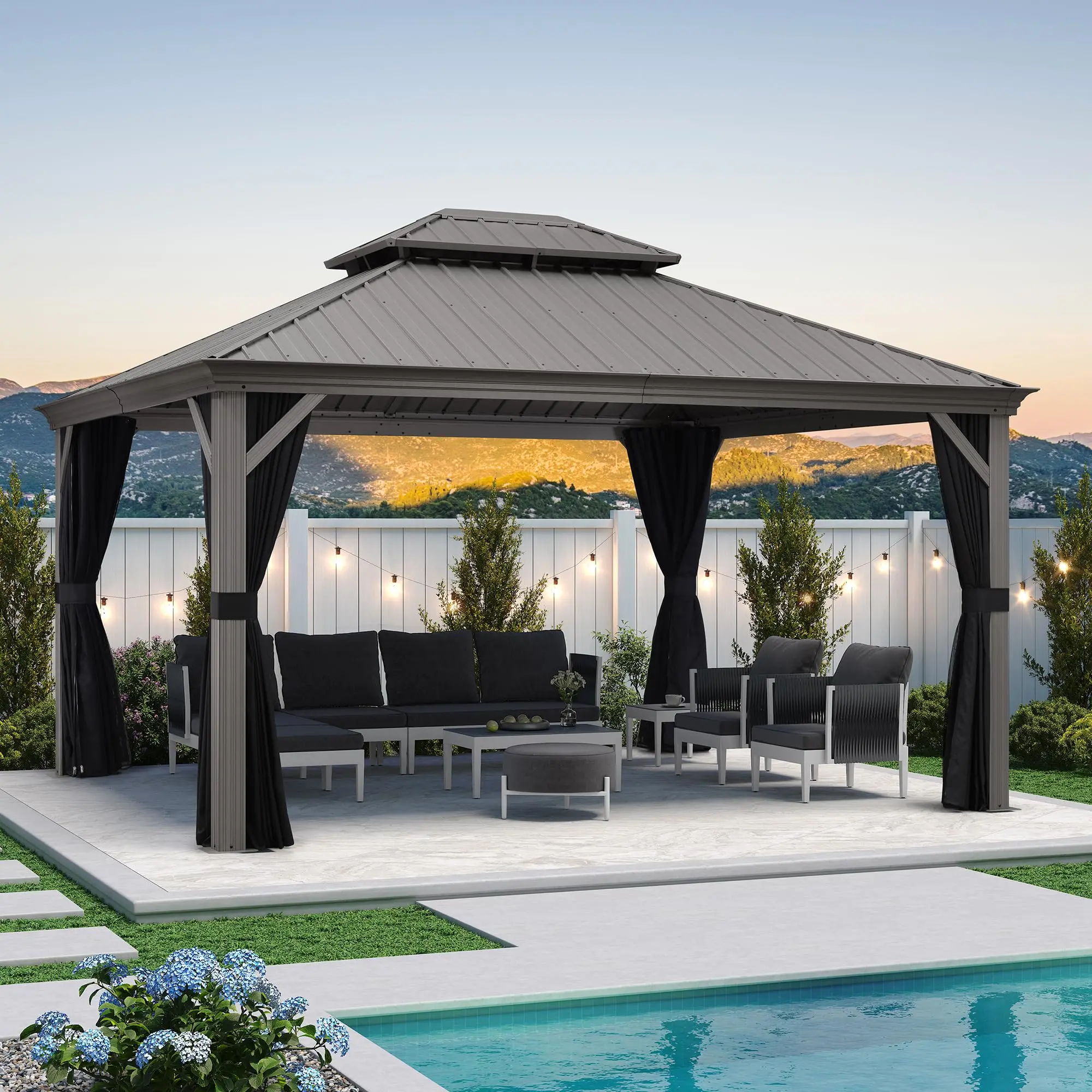PURPLE LEAF 12' x 14' Patio Gazebo For Backyard | Hardtop Galvanized Steel Light Grey Frame With Upgrade Curtain