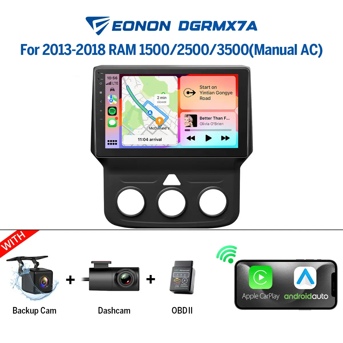 EONON Car Stereo Car Audio for Dodge RAM 1500/2500/3500 (2013-2018) Manual AC, 9" Android 13/14 CarPlay Touchscreen, Wireless CarPlay & Android Auto, Dashcam, OBDII, Backup Camera, Steering Wheel Controls, GPS Navigation, BT, Wi-Fi, Sub - DGRMX7A