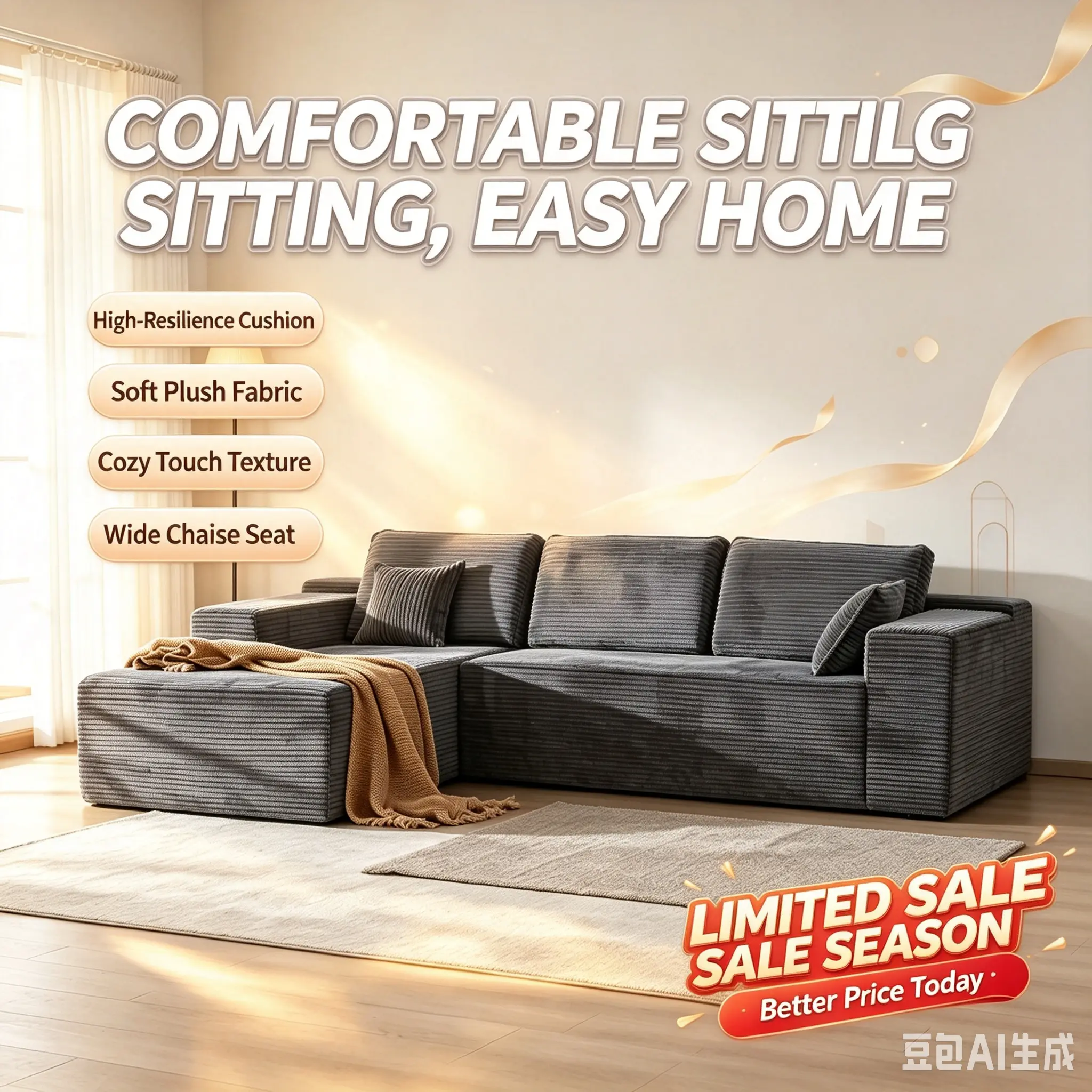 Modular L-Shaped Corduroy Sectional Sofa - Oversized Deep Seat Cloud Couch with High Resilience Foam, Fluffy Texture Soft Fabric Lounge Sofa with Chaise for Living Room Apartment, Minimalist Studio Apartment Setup Cozy Vibe, Vertical Stripe