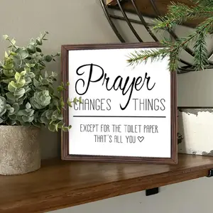 Prayer Changes Things Bathroom Sign, 8x8in Wooden Frame Wall Art, Rustic Design, Housewarming Gift, Farmhouse Style Decor for Home & Kitchen, Decoration, Vintage Plaque Decor, Bathroom Decorations