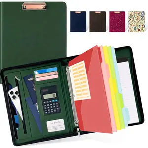 Green Clipboard with Storage 3 Binder Leather Portfolio Folder with Zipper, 12.1" Tablet Sleeve, 5 Dividers with Pocket, Refillable Notepad, Card Slot