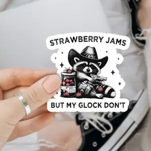 Strawberry Jams But My Glock Don't Funny Raccoon 3 inches Sticker, Waterproof Sticker for Laptop Water Bottle Book