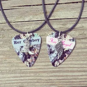 Her Cowboy His Angel Guitar Pick Necklaces or Keychains Female Male
