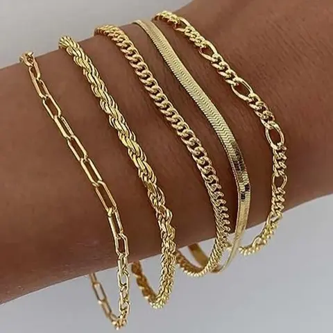Women's 5-Piece Minimalist Bracelet Stack Set - Dainty Stackable Solid Metal Cuban Link, Paperclip Chains, Multi-Part Bracelets & Bangles for Daily Casual Wear, Minimalist Bracelets