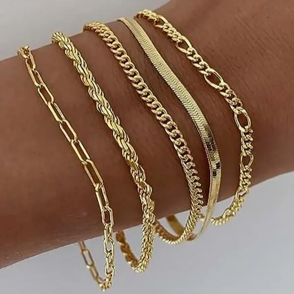 Women's 5-Piece Minimalist Matching Bracelet Combination Set, Dainty Stackable Solid Metal Link Chains with Cuban & Paperclip Styles for Daily Wear, Unisex Bangles