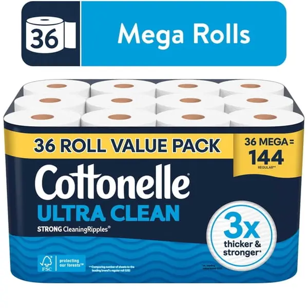 Ultra Clean 1-Ply Toilet Paper, 36 Mega Rolls, 284 Sheets Per Roll, Soft & Strong