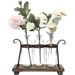 Rustic Flower Vase Set with Rack Stand Farmhouse Glass Bottles for Decor Table centerpieces