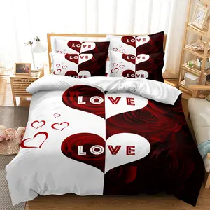 3-Piece Romantic Red & White Love Letter Rose Print Decorative Duvet Cover, Includes 1 Duvet Cover And 2 Pillowcases, Floral Pattern With Alphabet Design, Breathable And Soft Bedroom Bedding Set