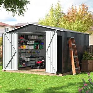 Outdoor Storage Shed - A Weatherproof Metal Utility Shed equipped with a Door and Ramp Access, Perfect for Exterior Applications in Gardens, Backyards, and Patio Areas.