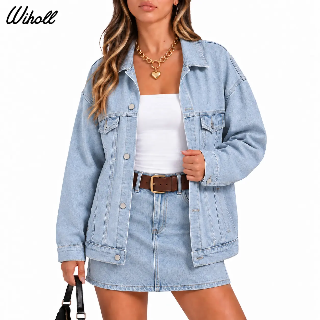 WIHOLL Women's Button Down Oversized Denim Jean Jacket with Chest Pockets