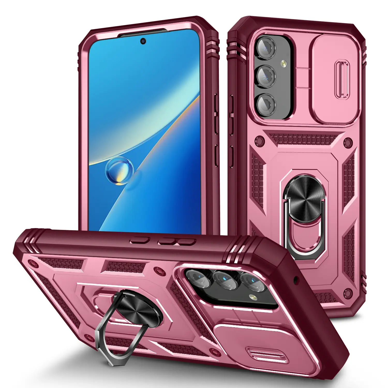 Handheld Plastic Cellphone Case for Samsung Galaxy A54/A15 5G, 2-in-1 Heavy-Duty Back Cover with Simple Slide Camshield Lens Protection, Finger Ring Stand & Accessories