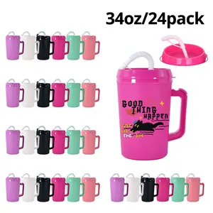 24pack USA 34oz Trucker Mug Hip Sips Mixed Colors Hospital Mug with Handle Lid Straw, BPA Free, Great for Hot days,Stay hydrated, Perfect for Summer