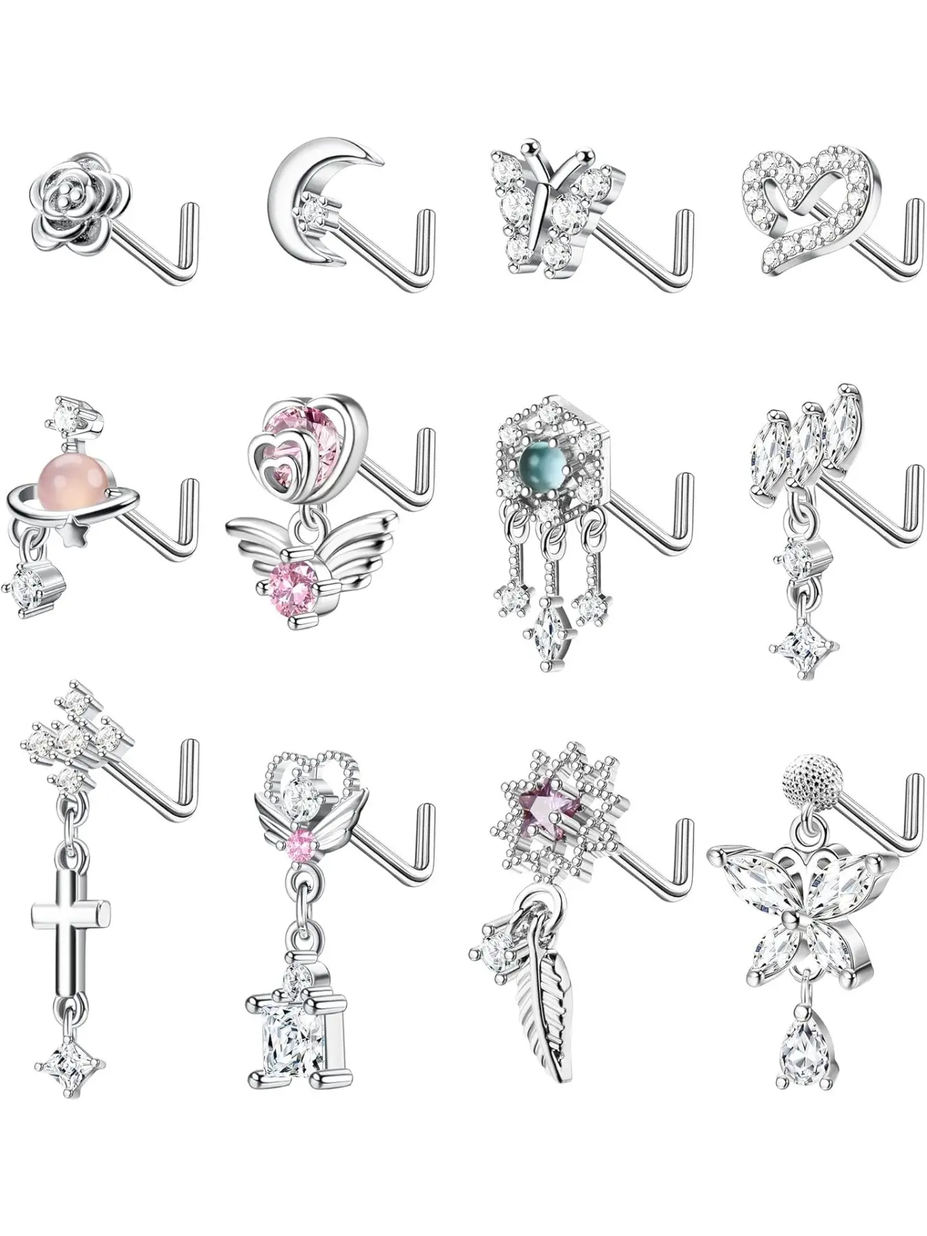 12Pcs Dangle Nose Rings Studs Surgical Steel L Shaped Nose Rings Set for Women Cute Flower Butterfly Wing Dangling Nose Piercing Jewelry 20G Body Piercing Jewelry